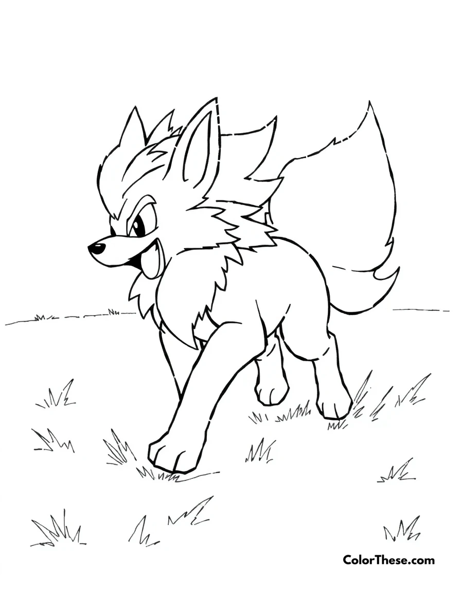 Free printable arcanine running coloring page for kids and adults. Arcanine (Pokemon) running through a field with its mane flowing.