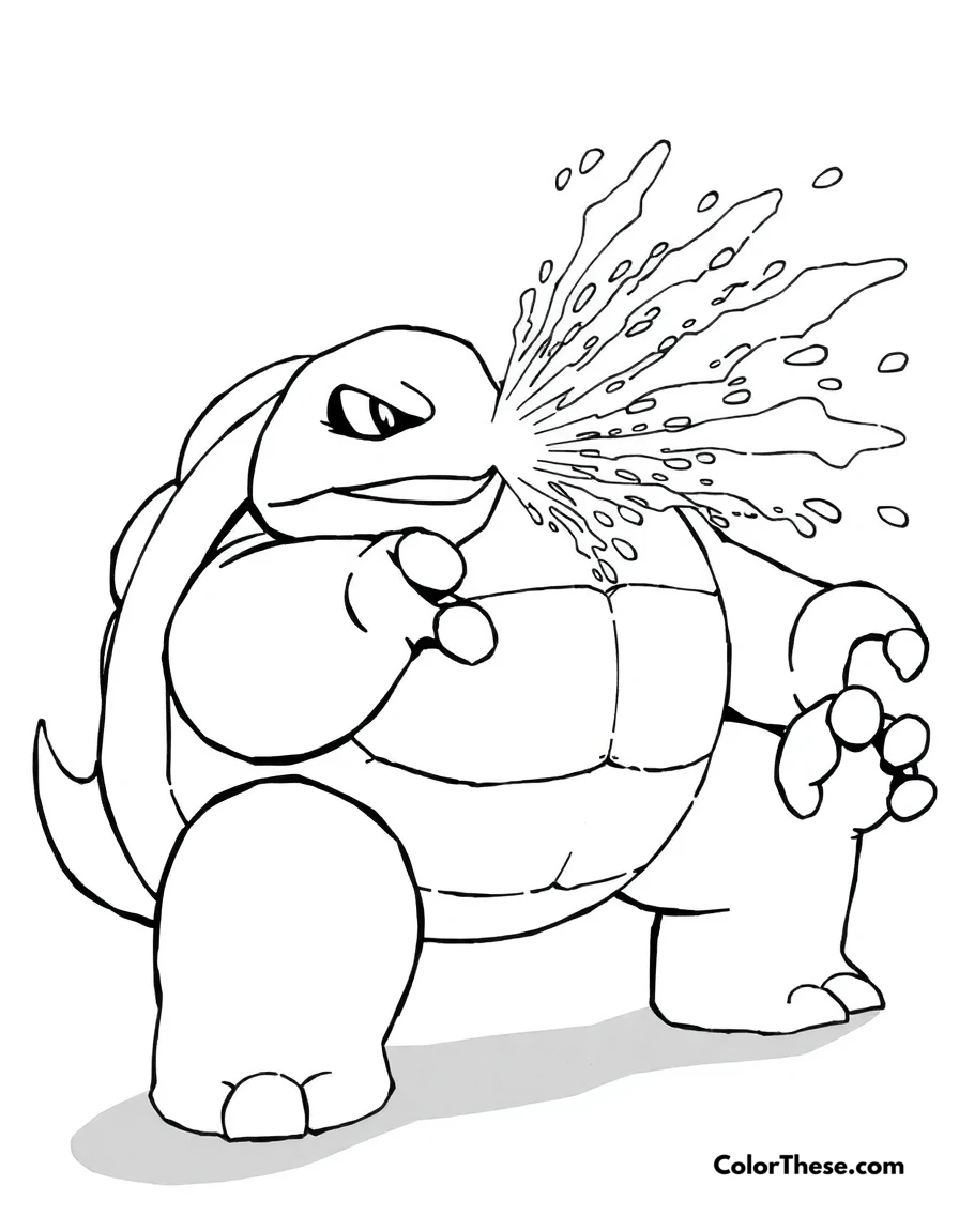 Free printable blastoise using hydro pump coloring page for kids and adults. Blastoise (Pokemon) using its Hydro Pump attack with powerful water jets.