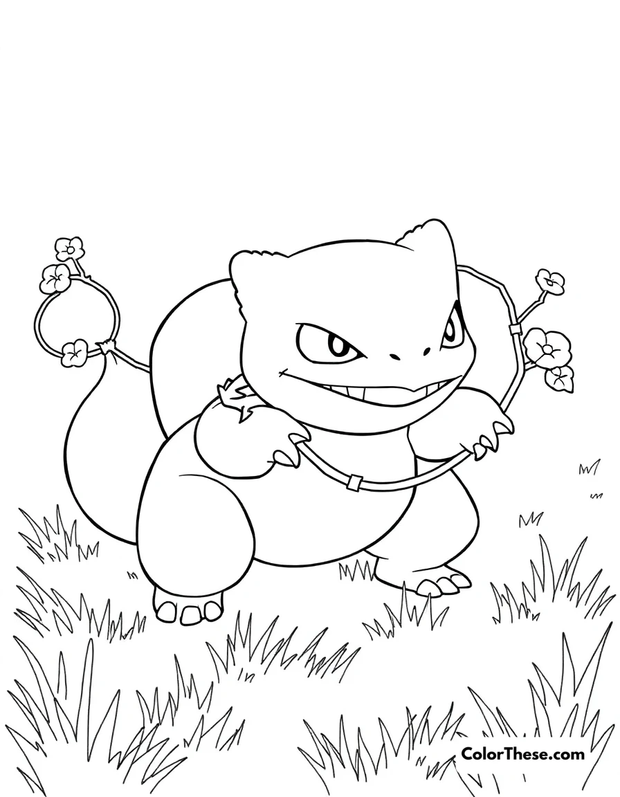 Free printable bulbasaur with vine whip coloring page for kids and adults. Bulbasaur (Pokemon) using its Vine Whip attack in a grassy field.