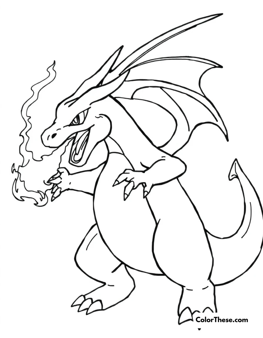 Free printable charizard breathing fire coloring page for kids and adults. Charizard (Pokemon) breathing fire in a powerful stance.