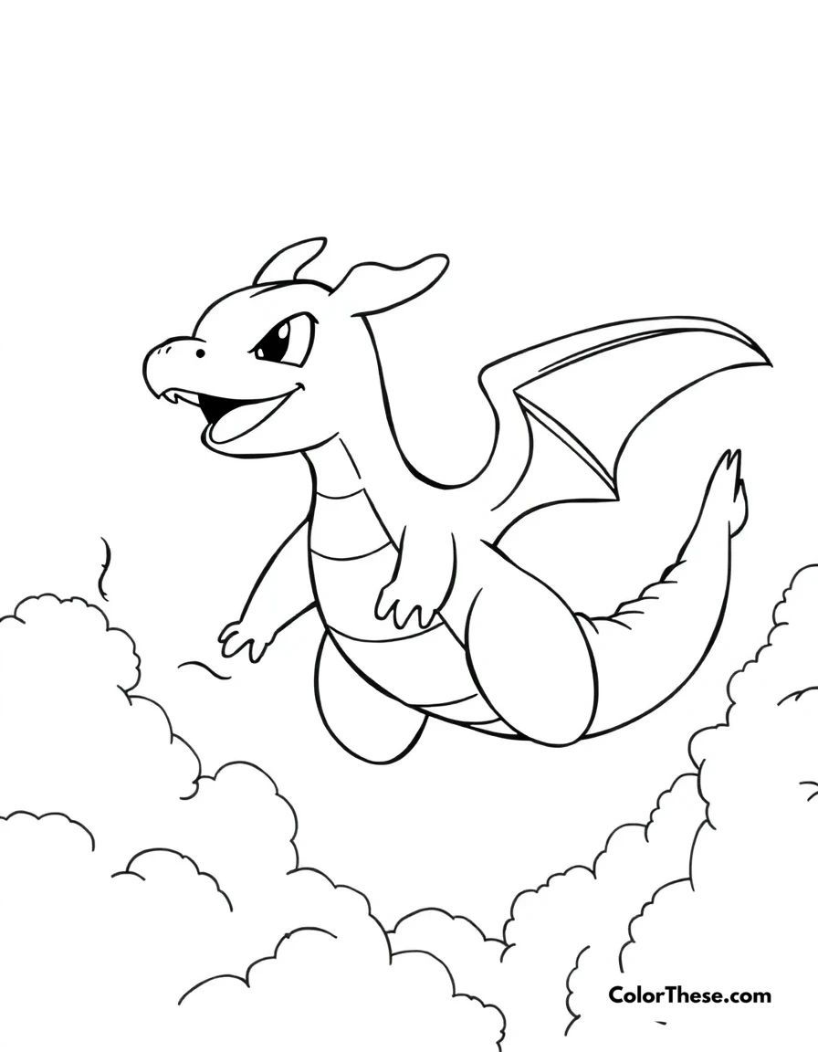 Free printable dragonite flying coloring page for kids and adults. Dragonite (Pokemon) flying through the clouds with a friendly smile.