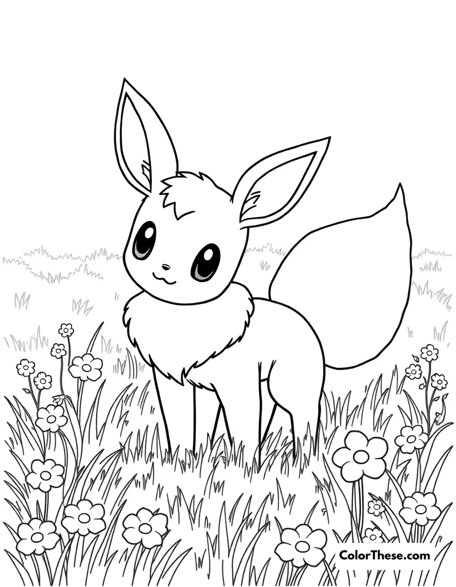 Free printable eevee in a field coloring page for kids and adults. Eevee (Pokemon) standing in a grassy field with flowers.