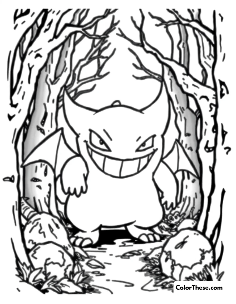 Free printable gengar in a spooky forest coloring page for kids and adults. Gengar (Pokemon) lurking in a spooky forest with a mischievous grin.