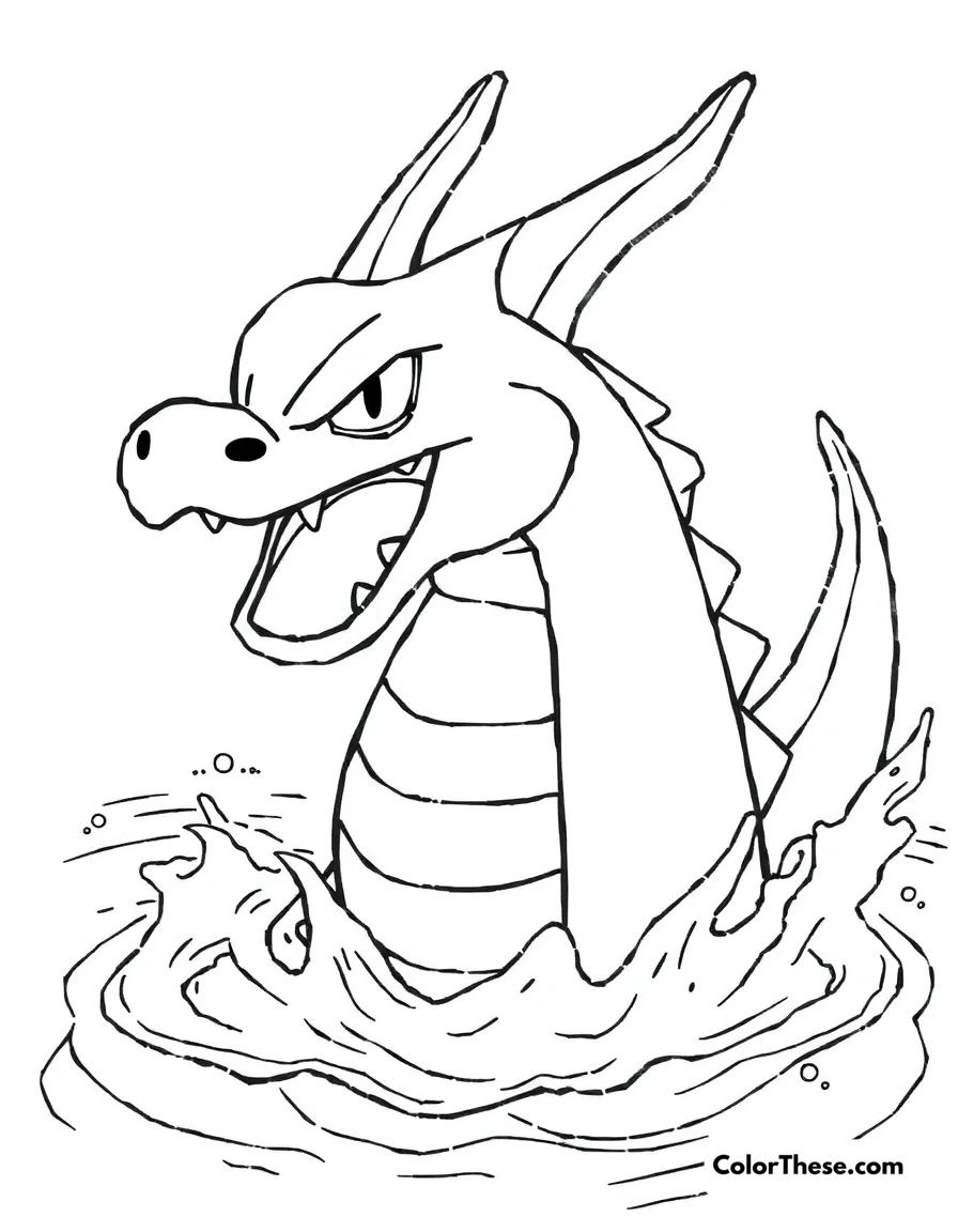 Free printable gyarados in the water coloring page for kids and adults. Gyarados (Pokemon) emerging from the water with a fierce expression.