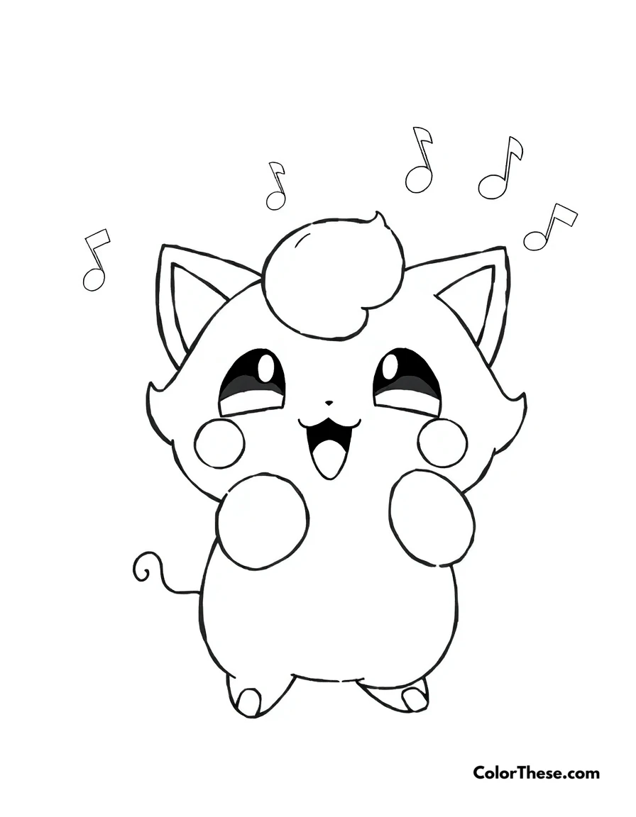 Free printable jigglypuff singing coloring page for kids and adults. Jigglypuff (Pokemon) singing its lullaby with musical notes.