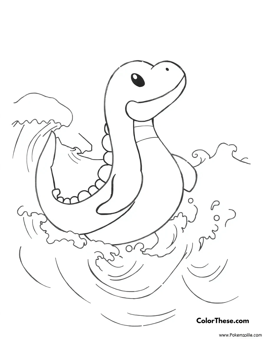 Free printable lapras in the ocean coloring page for kids and adults. Lapras (Pokemon) swimming in the ocean with waves around it.