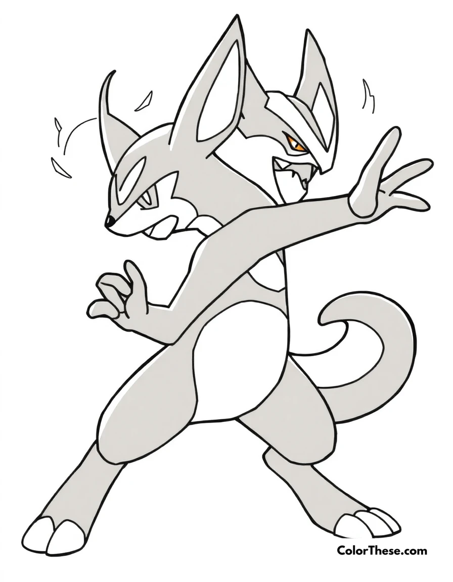 Free printable lucario using aura sphere coloring page for kids and adults. Lucario (Pokemon) using its Aura Sphere attack in a dynamic pose.