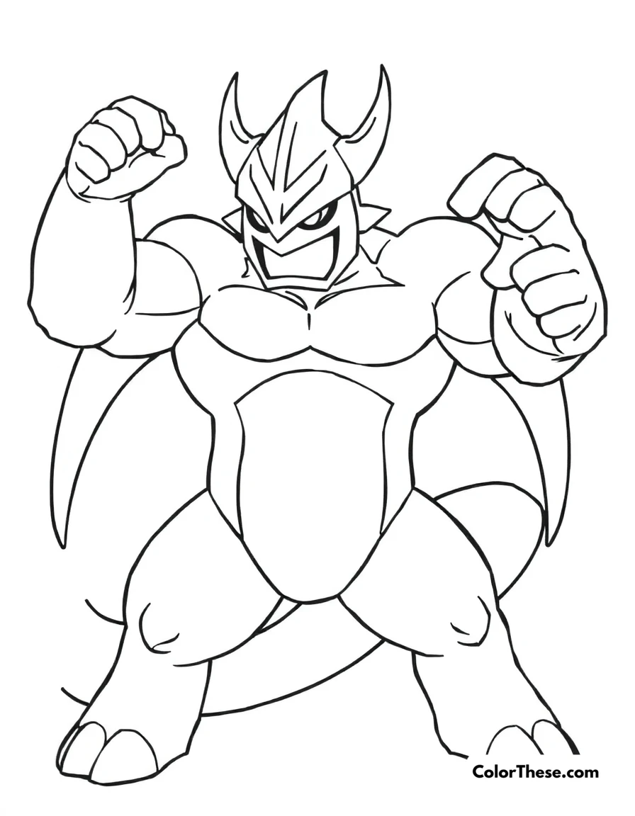 Free printable machamp flexing coloring page for kids and adults. Machamp (Pokemon) flexing its muscles in a powerful stance.