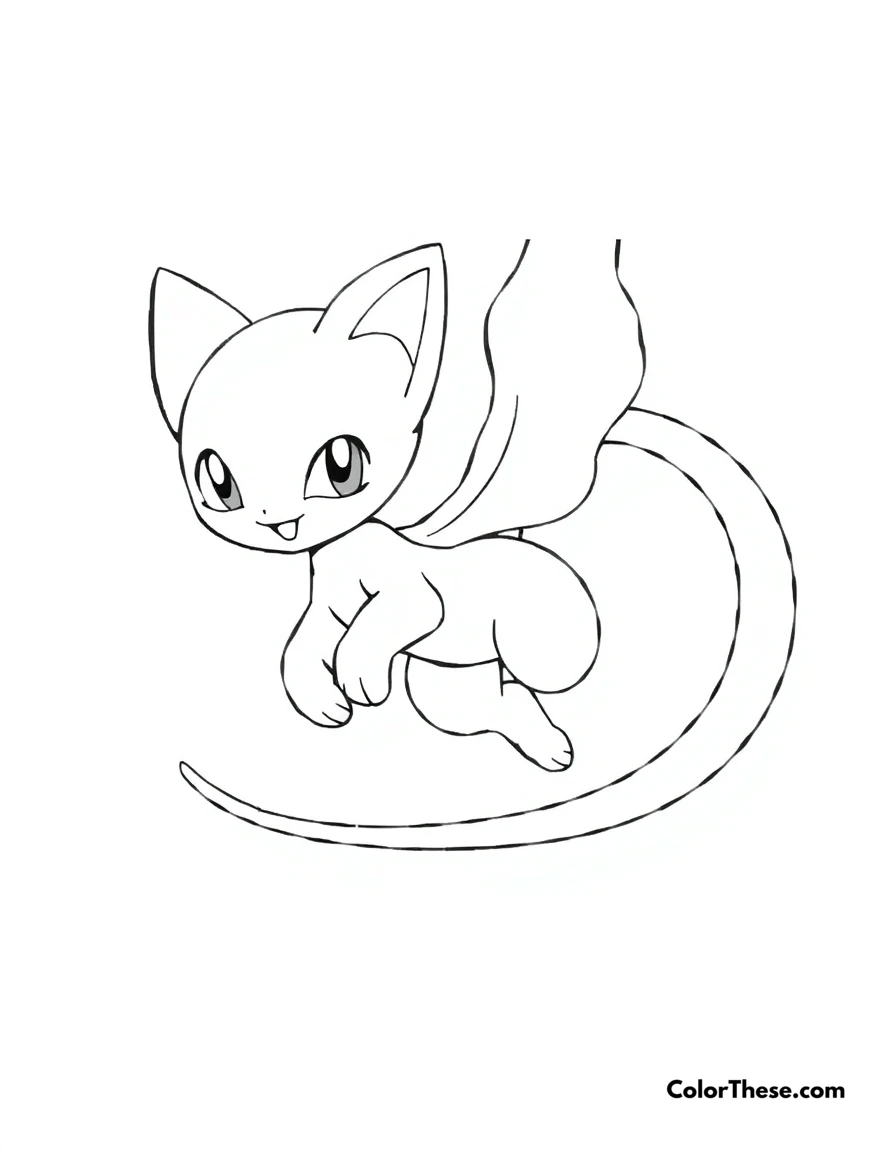 Free printable mew floating coloring page for kids and adults. Mew (Pokemon) floating gracefully with a playful expression.