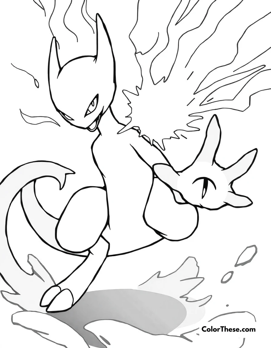 Free printable mewtwo in a battle stance coloring page for kids and adults. Mewtwo (Pokemon) in a powerful battle stance with psychic energy.
