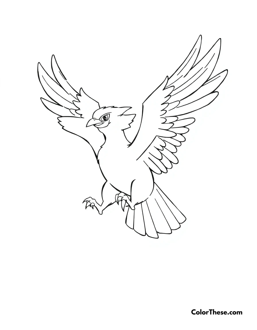 Free printable pidgeot flying coloring page for kids and adults. Pidgeot (Pokemon) soaring through the sky with its wings spread wide.