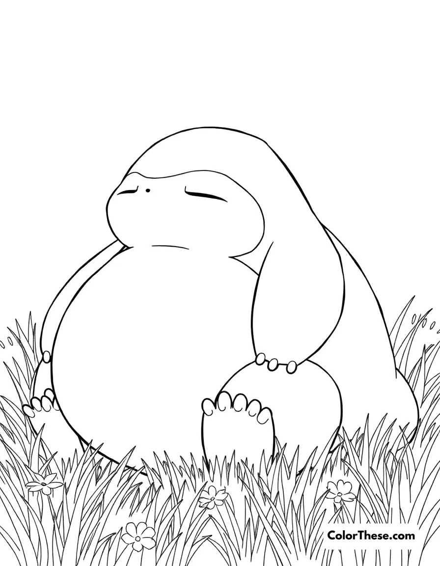 Free printable snorlax sleeping coloring page for kids and adults. Snorlax (Pokemon) sleeping peacefully in a meadow.