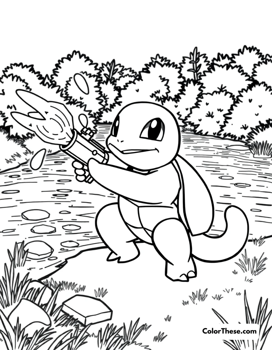 Free printable squirtle with water gun coloring page for kids and adults. Squirtle (Pokemon) using its Water Gun attack near a river.