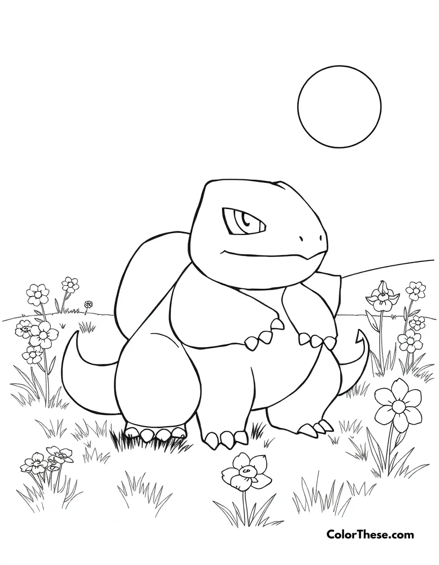 Free printable venusaur in a meadow coloring page for kids and adults. Venusaur (Pokemon) standing in a sunny meadow with flowers.