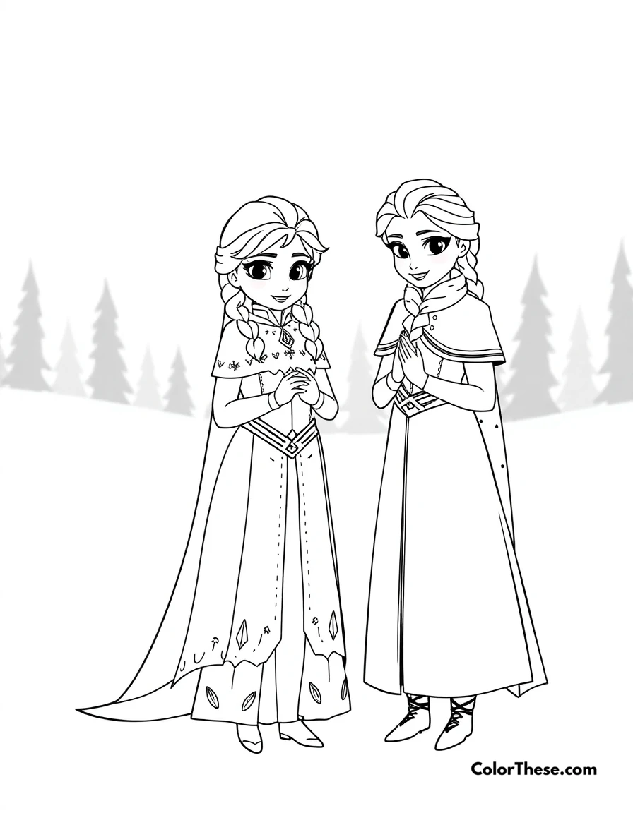 Free printable anna and elsa together coloring page for kids and adults. Anna and Elsa (Disney) standing together in the snow.