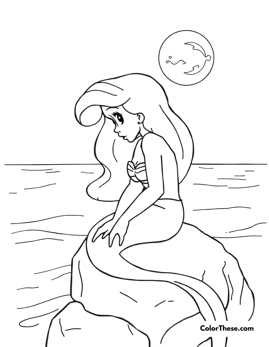 Free printable ariel on the rocks coloring page for kids and adults. Ariel (Disney) sitting on a rock by the ocean, dreaming of the human world.