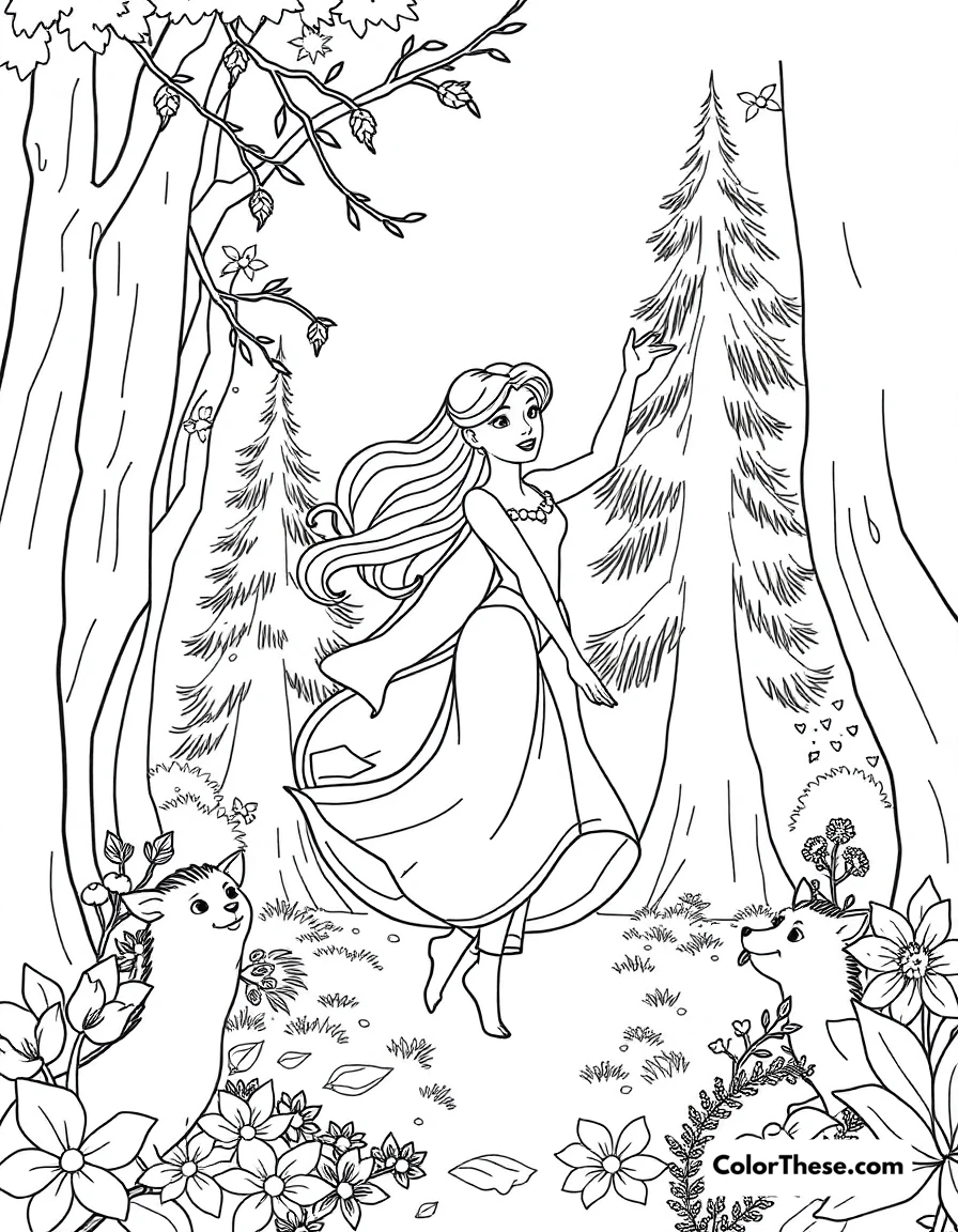 Free printable aurora dancing in the forest coloring page for kids and adults. Aurora (Disney) dancing in the forest with her animal friends.