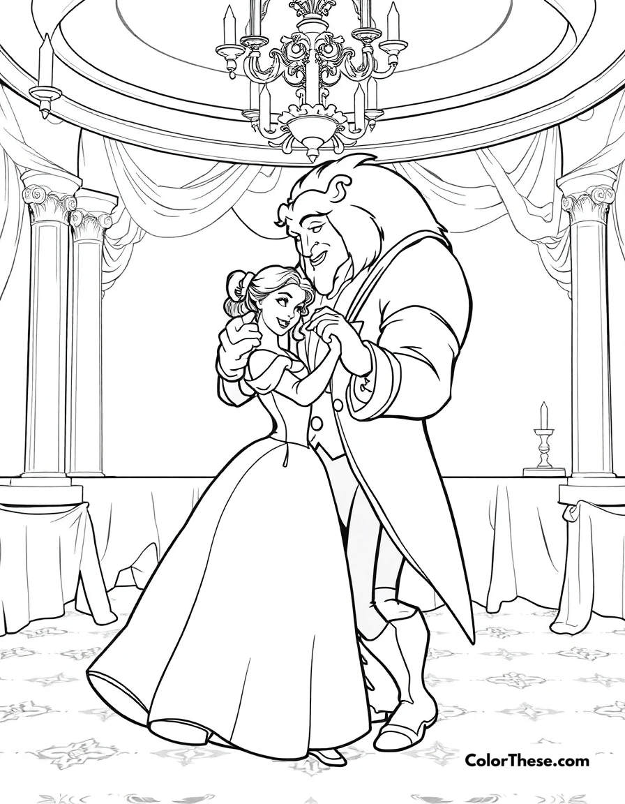 Free printable belle with the beast in the ballroom coloring page for kids and adults. Belle (Disney) dancing with the Beast in the grand ballroom.