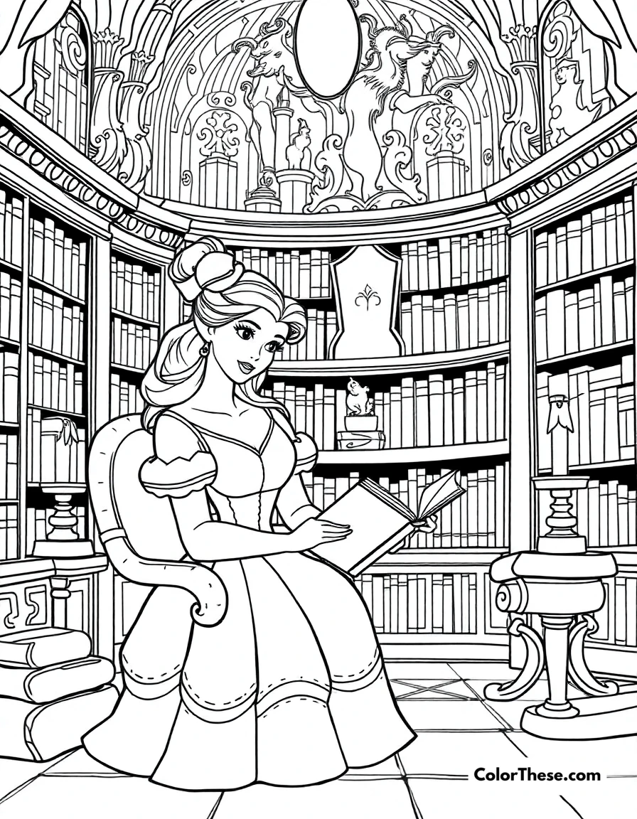 Free printable belle reading in the library coloring page for kids and adults. Belle (Disney) reading a book in the Beast’s grand library.