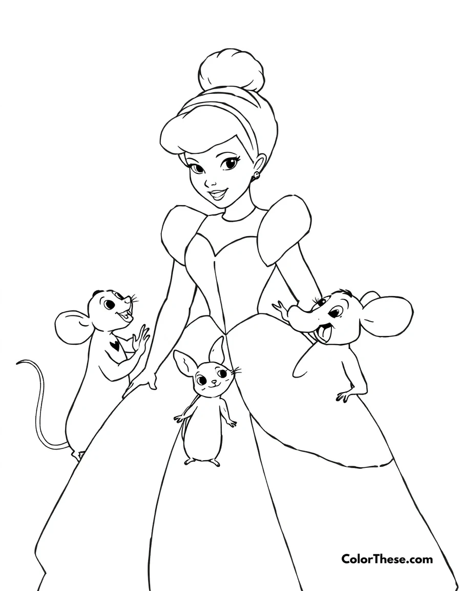 Free printable cinderella and her mice friends coloring page for kids and adults. Cinderella (Disney) with her mice friends Jaq and Gus.