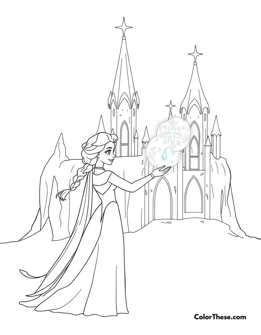 Free printable elsa creating ice magic coloring page for kids and adults. Elsa (Disney) using her ice powers to create a magical ice castle.