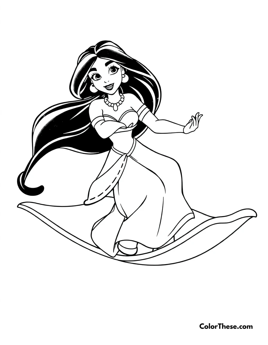 Free printable jasmine on the magic carpet coloring page for kids and adults. Jasmine (Disney) flying on a magic carpet with Aladdin.
