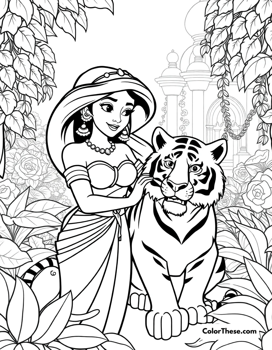 Free printable jasmine with rajah coloring page for kids and adults. Jasmine (Disney) with her loyal tiger Rajah in the palace gardens.