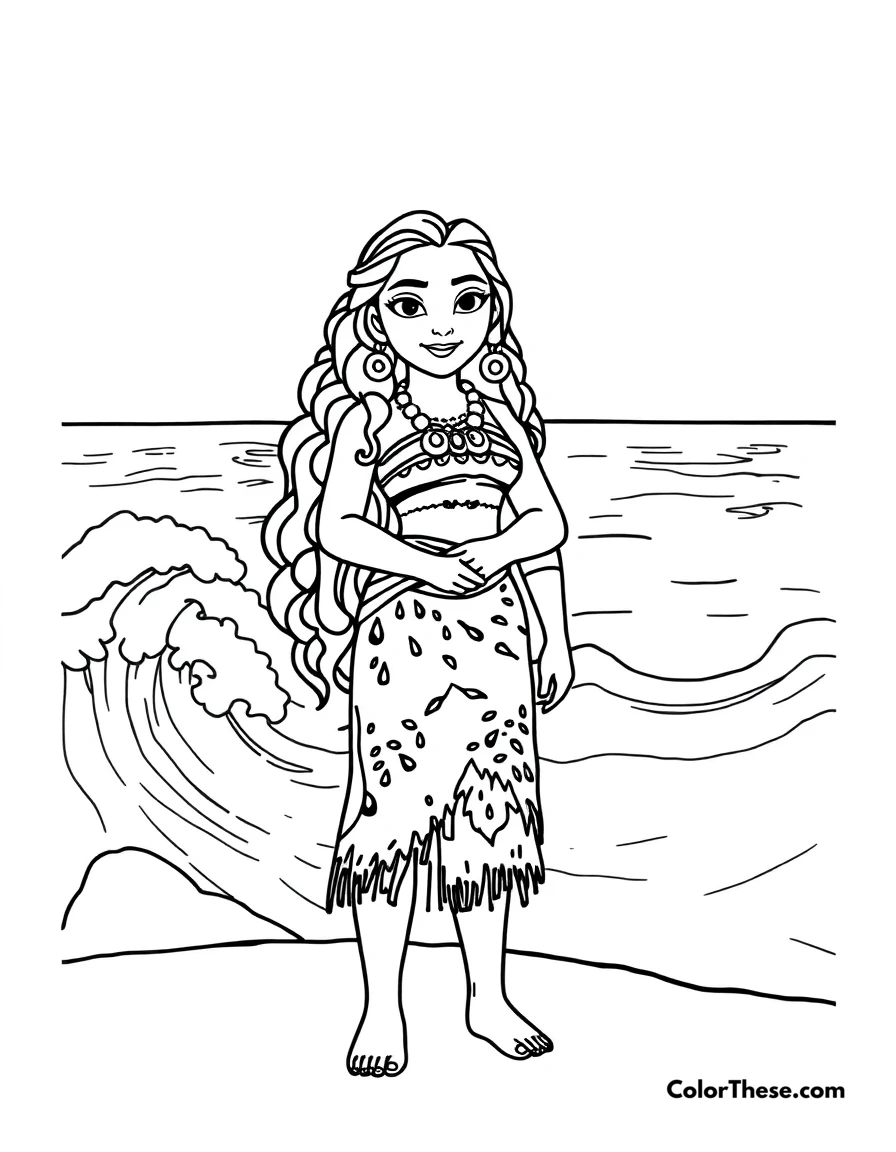 Free printable moana with the ocean coloring page for kids and adults. Moana (Disney) standing by the ocean with the waves reaching out to her.
