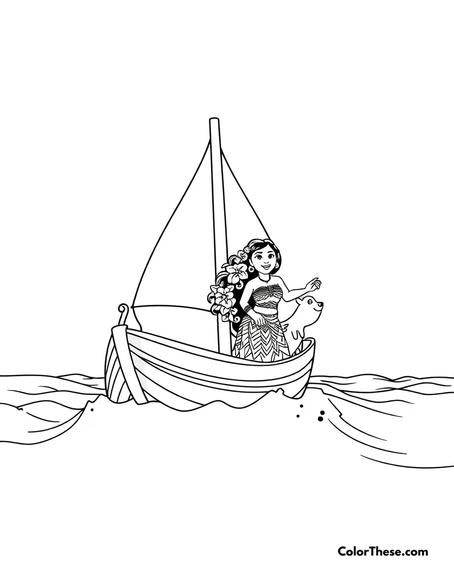 Free printable moana sailing the ocean coloring page for kids and adults. Moana (Disney) sailing the ocean with Maui and Heihei.