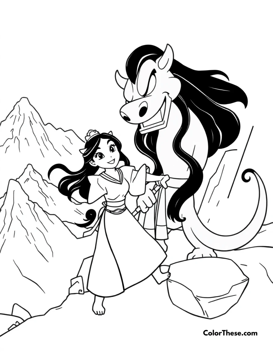 Free printable mulan training with mushu coloring page for kids and adults. Mulan (Disney) training with Mushu in the mountains.