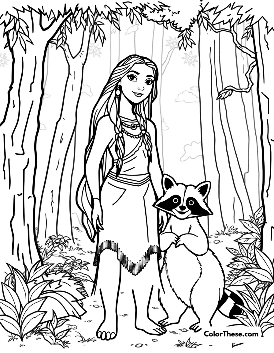 Free printable pocahontas with meeko coloring page for kids and adults. Pocahontas (Disney) standing in the forest with her raccoon friend Meeko.