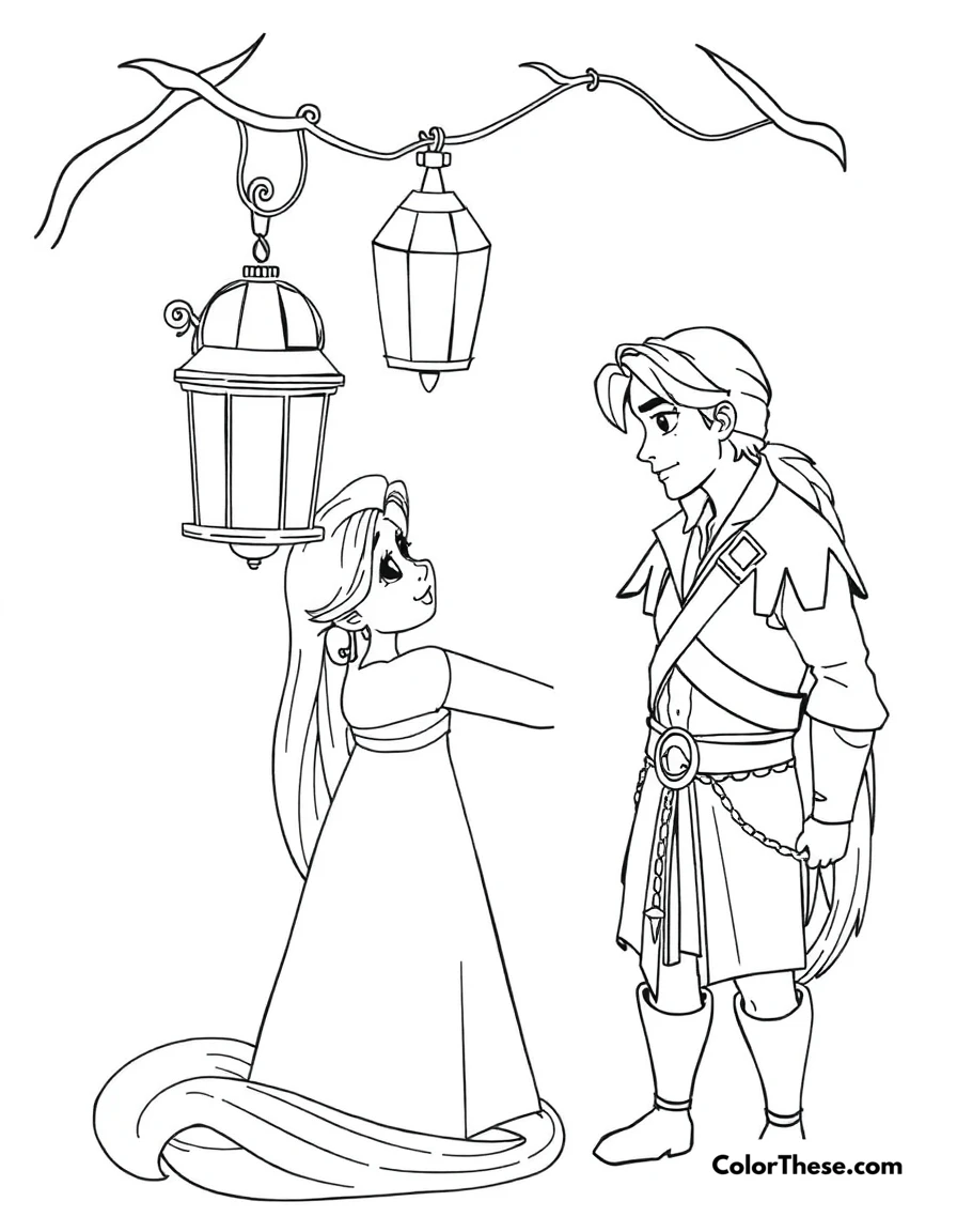 Free printable rapunzel with flynn rider coloring page for kids and adults. Rapunzel (Disney) with Flynn Rider in a lantern-lit scene.
