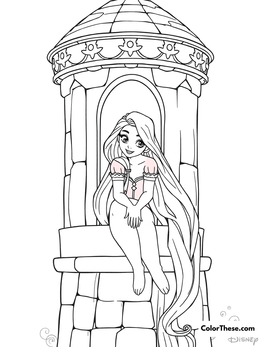 Free printable rapunzel in her tower coloring page for kids and adults. Rapunzel (Disney) sitting in her tower with her long golden hair.