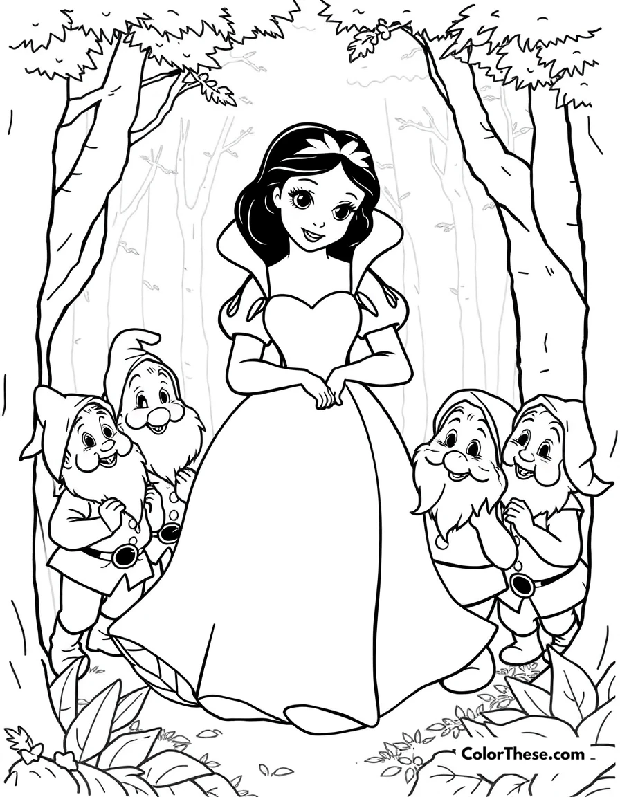 Free printable snow white with the dwarfs coloring page for kids and adults. Snow White (Disney) surrounded by the seven dwarfs in the forest.