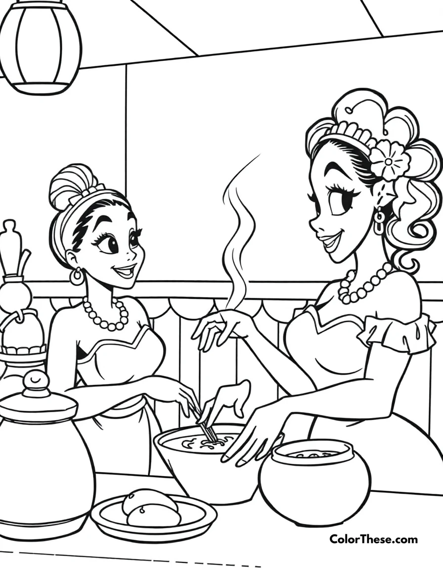 Free printable tiana cooking gumbo coloring page for kids and adults. Tiana (Disney) cooking gumbo in her restaurant.
