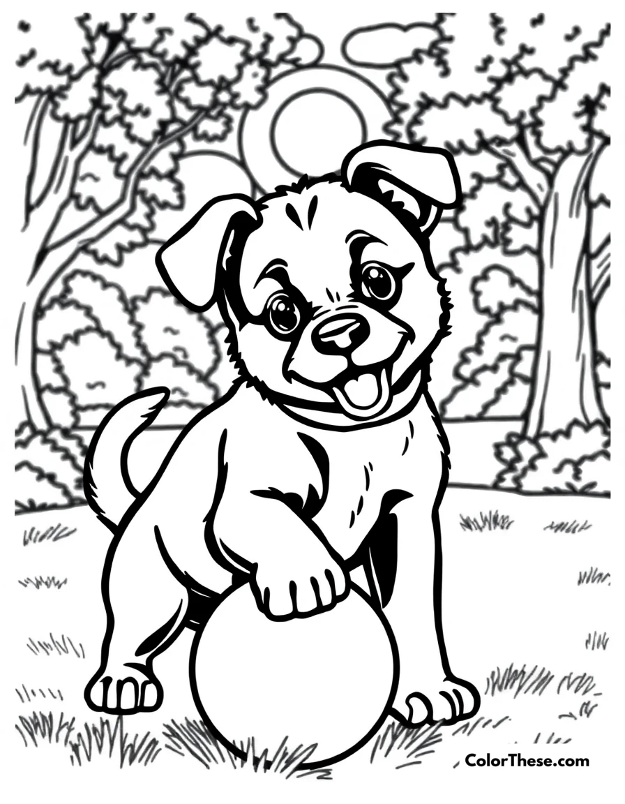 Free printable puppy with a ball in the park coloring page for kids and adults. A puppy playing with a ball in a sunny park.