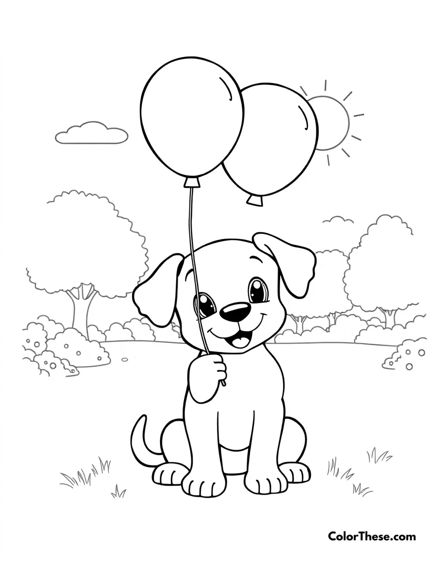 Free printable puppy with a balloon in the park coloring page for kids and adults. A puppy holding a balloon in a sunny park.