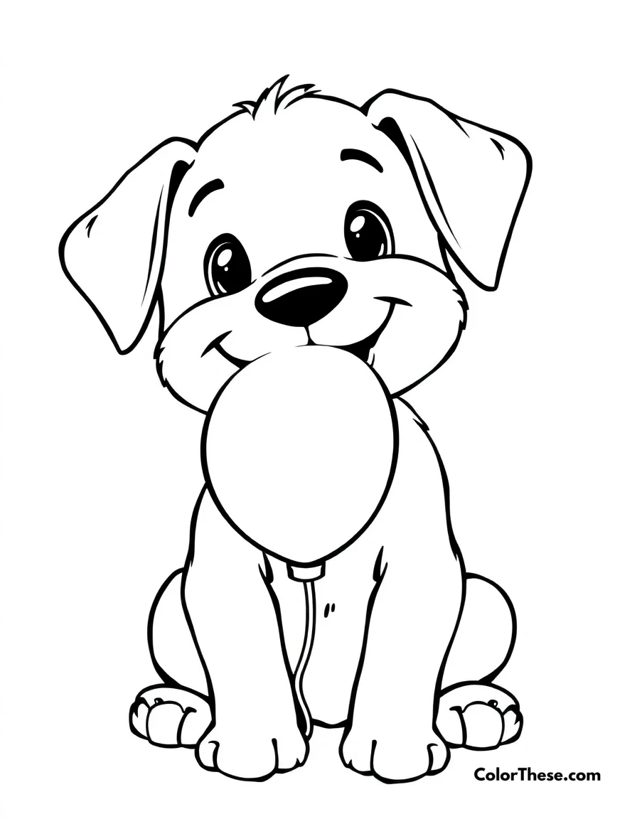 Free printable puppy with a balloon coloring page for kids and adults. A happy puppy holding a balloon in its mouth.