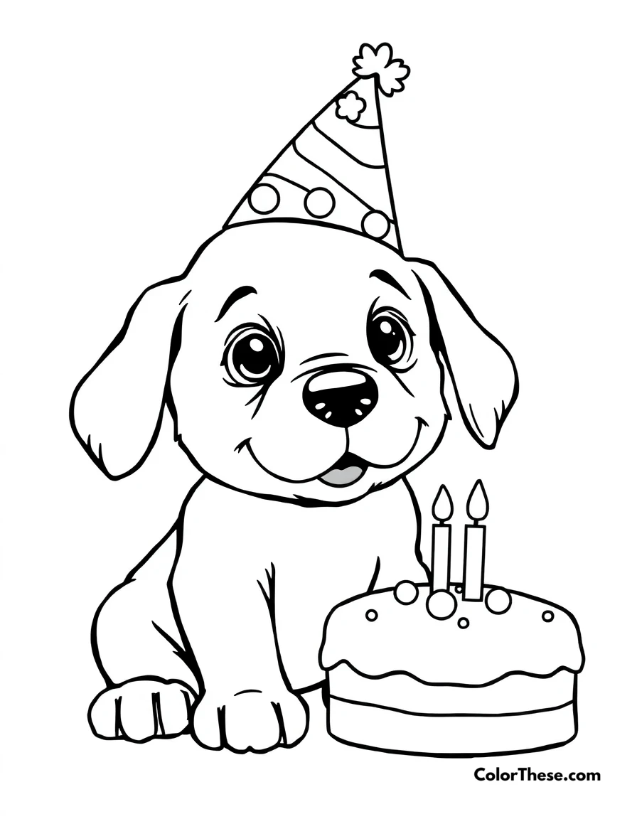 Free printable puppy with a birthday hat coloring page for kids and adults. A puppy wearing a birthday hat with a cake nearby.