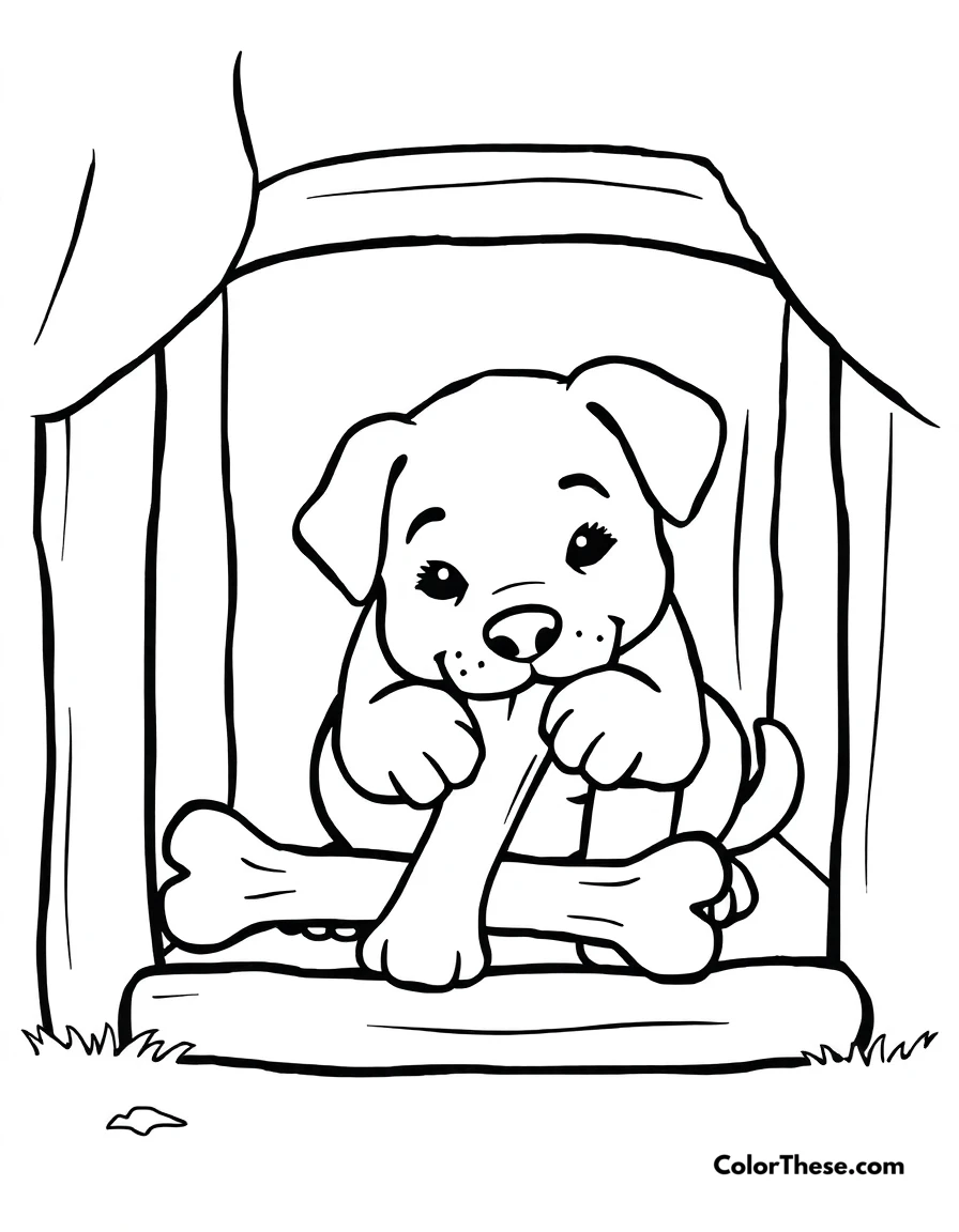 Free printable puppy with a bone in a doghouse coloring page for kids and adults. A puppy chewing on a bone inside a doghouse.