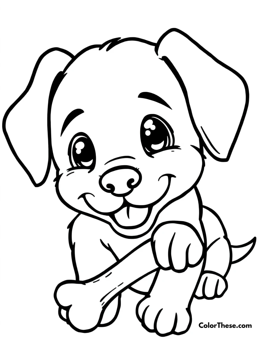 Free printable puppy with a bone coloring page for kids and adults. A happy puppy chewing on a bone.