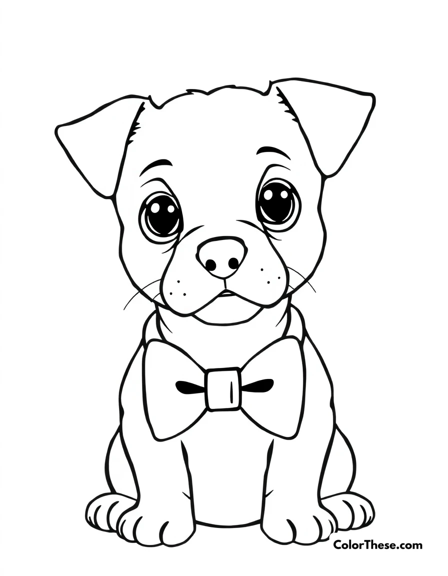 Free printable puppy with a bow tie coloring page for kids and adults. A puppy wearing a bow tie, looking dapper.