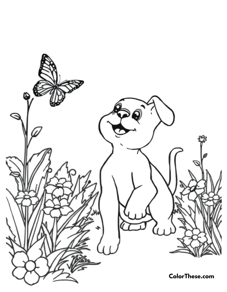 Free printable puppy with a butterfly coloring page for kids and adults. A curious puppy chasing a butterfly in a garden.