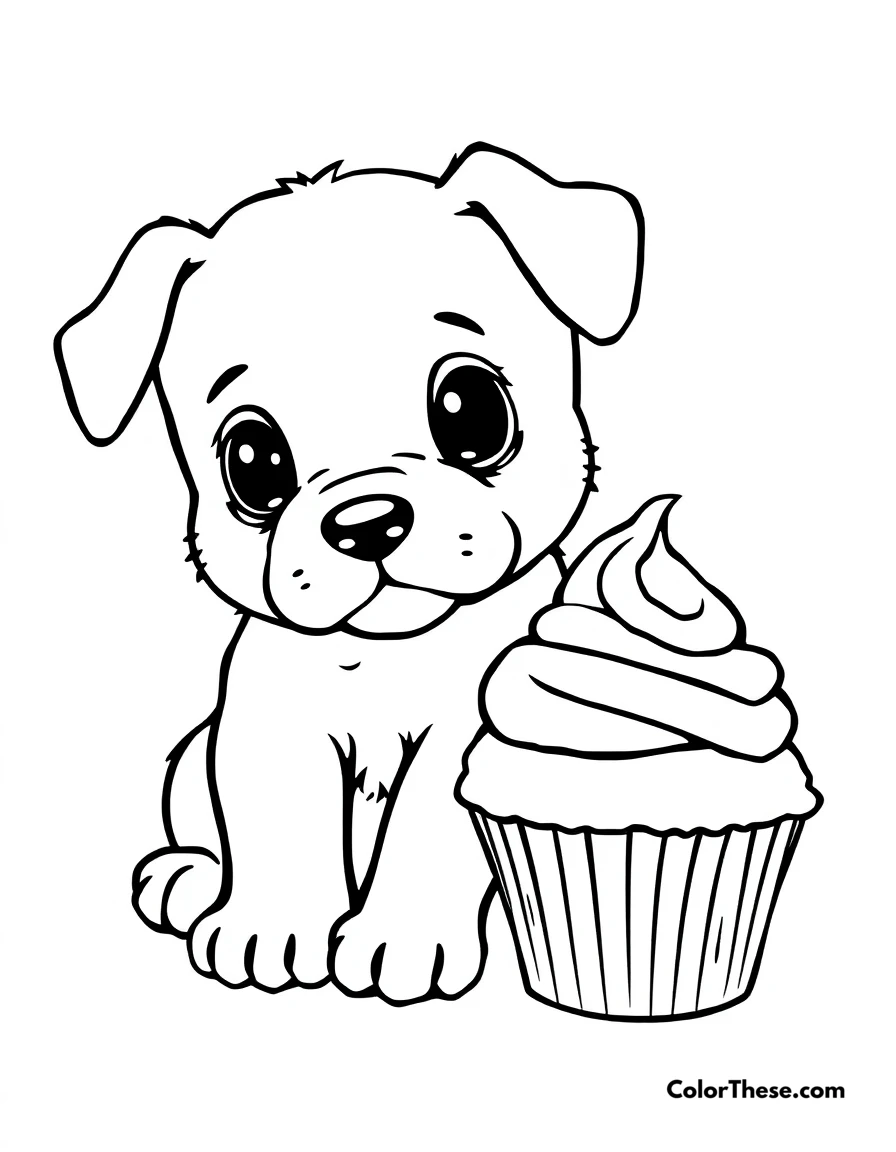Free printable puppy with a cupcake coloring page for kids and adults. A puppy sitting next to a cupcake, looking curious.