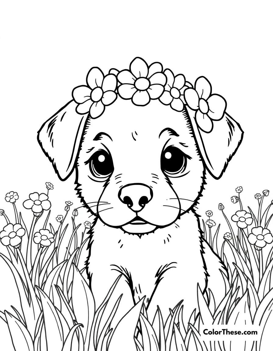 Free printable puppy with a flower crown coloring page for kids and adults. A cute puppy wearing a flower crown in a meadow.