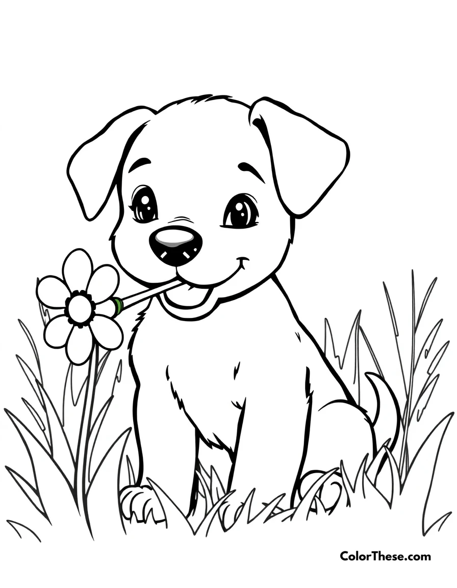 Free printable puppy with a flower coloring page for kids and adults. A puppy holding a flower in its mouth in a meadow.