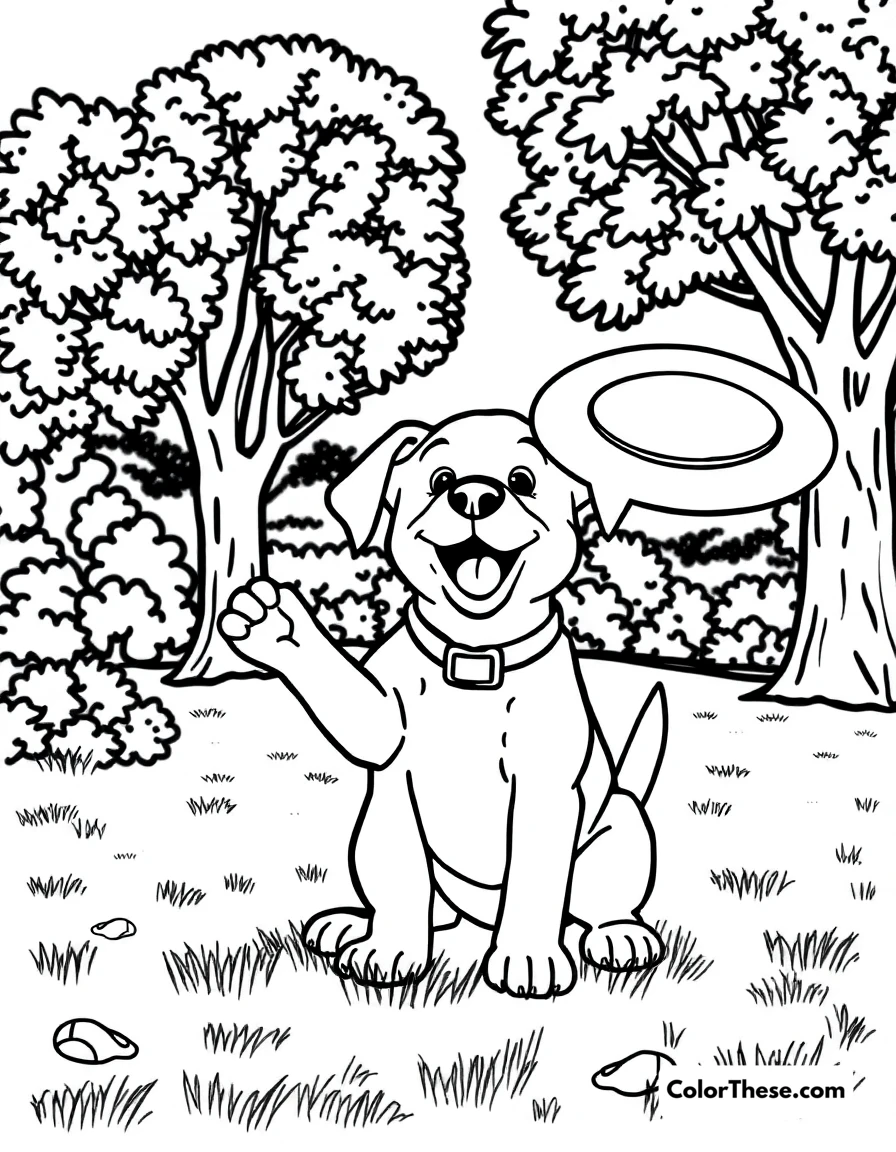 Free printable puppy with a frisbee coloring page for kids and adults. A puppy catching a frisbee in the park.
