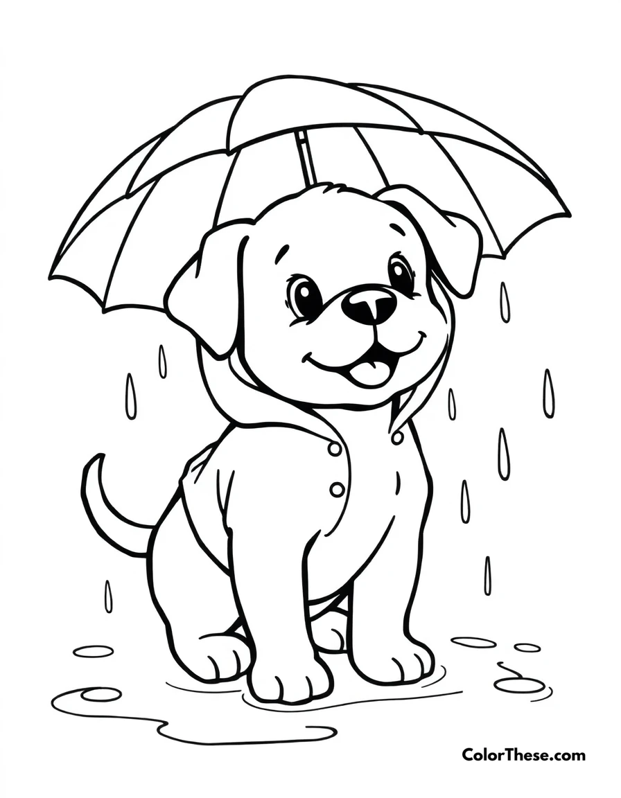 Free printable puppy in the rain coloring page for kids and adults. A puppy playing in the rain with a raincoat on.
