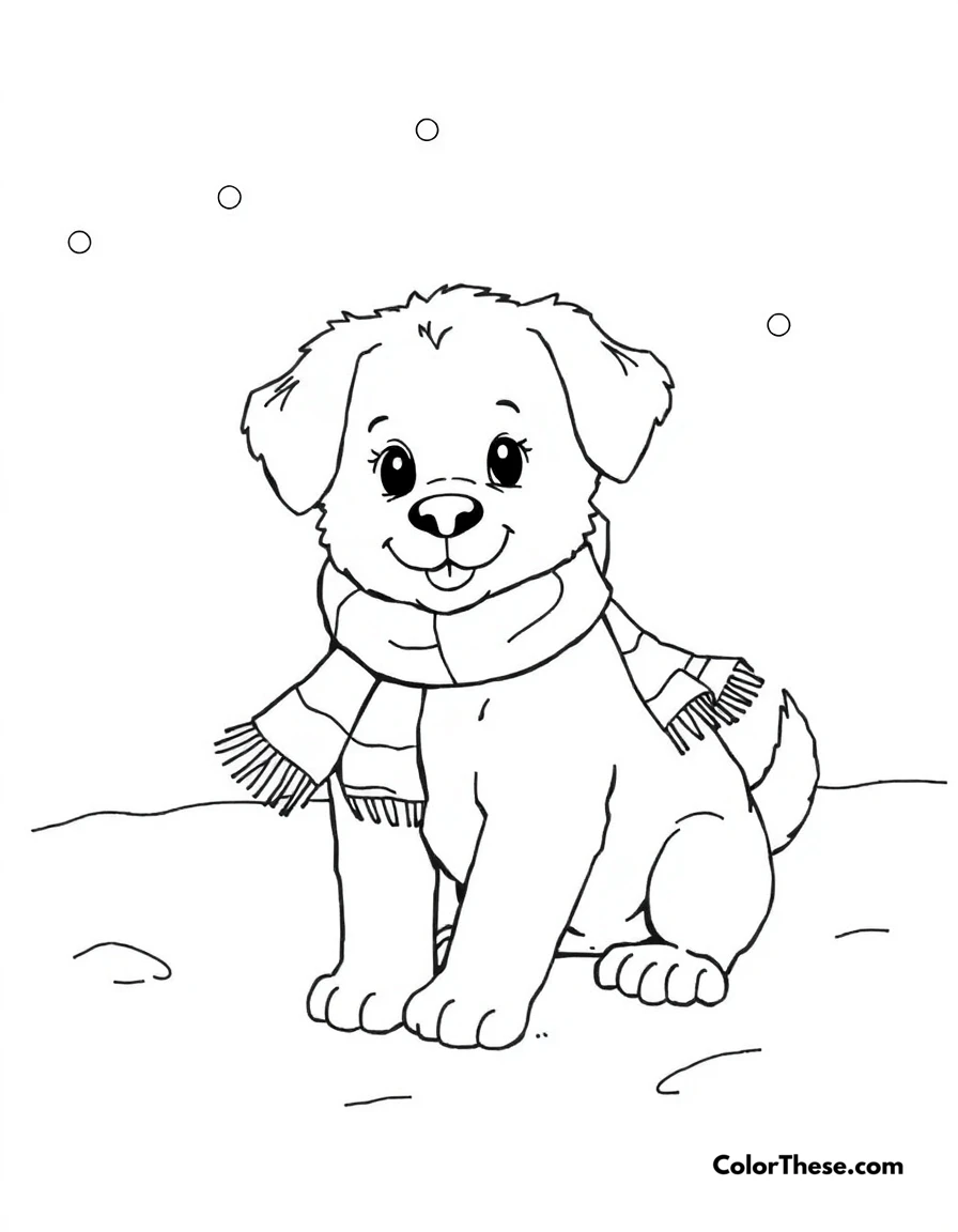 Free printable puppy in a snowy scene coloring page for kids and adults. A puppy playing in the snow with a scarf on.