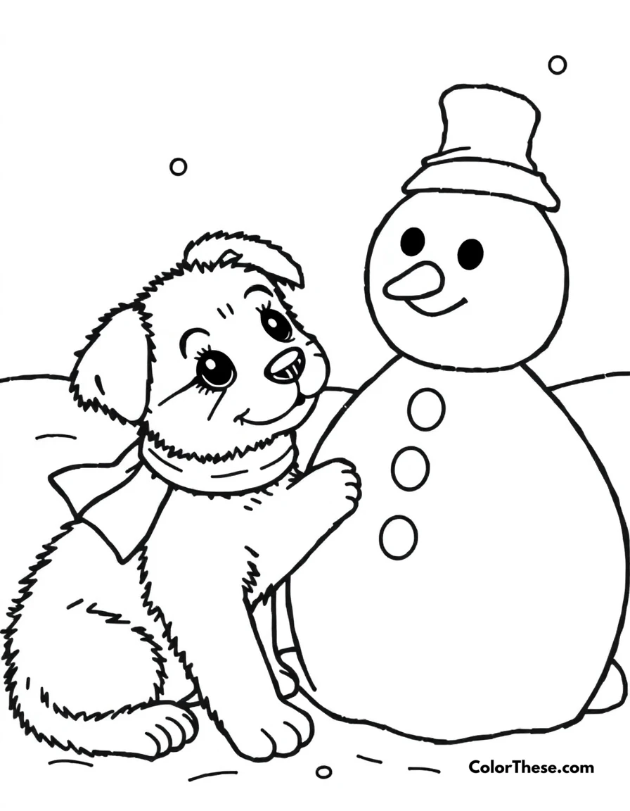 Free printable puppy with a snowman coloring page for kids and adults. A puppy playing next to a snowman in the snow.